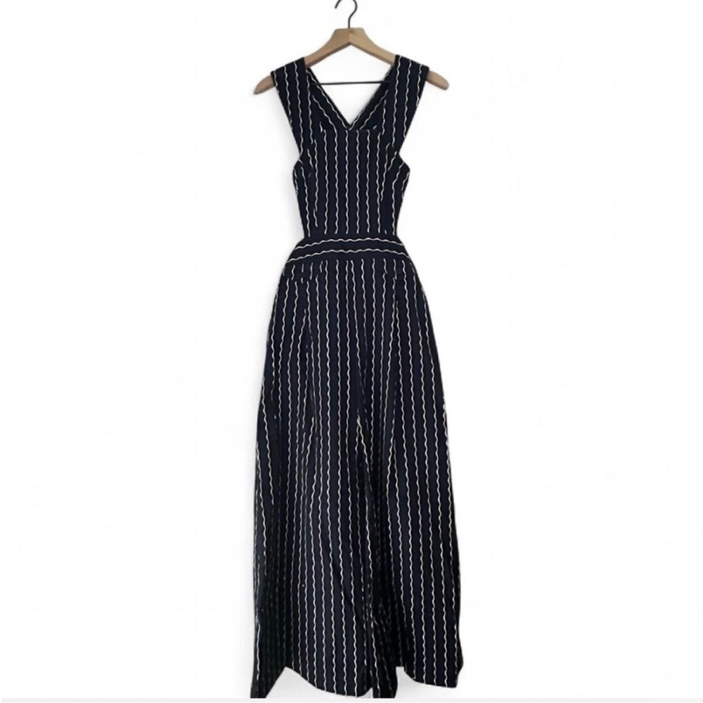 Maeve Anthropologie Derby Day Nautical Pinafore Navy Stripe Wide Leg Jumpsuit 14 - Picture 8 of 14